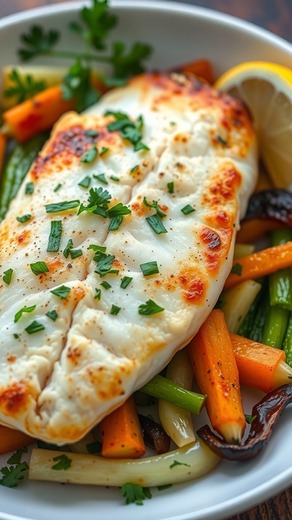 Tilapia Fish Recipe Baked tilapia fillet garnished with parsley and lemon, served with vegetables.